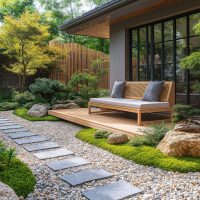 Petit jardin zen japonais moderne avec terrasse en bois, pas japonais, mousse verte, pierres décoratives et végétation soignée en lumière naturelle Petit jardin zen japonais moderne avec terrasse en bois, pas japonais, mousse verte, pierres décoratives et végétation soignée en lumière naturelle